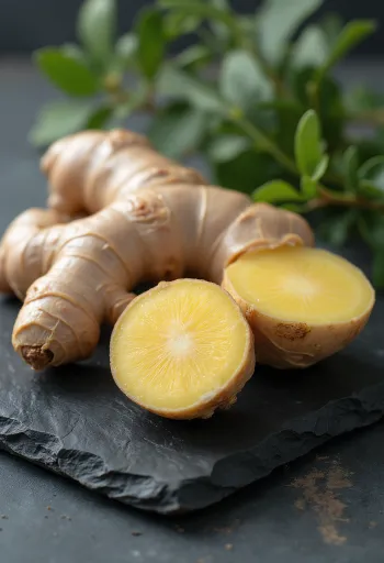 Ghimbir proaspăt și felii de ghimbir pe tocător de bucătărie