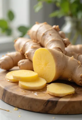 Ghimbir proaspăt felii și ras în bol, pe blat de lemn