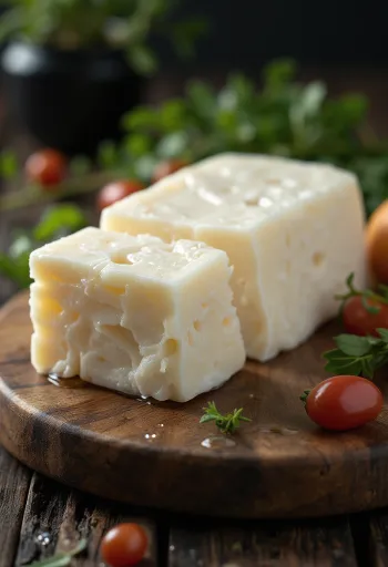 Brânză Halloumi proaspătă într-un bol de ceramică albă, pe o masă de lemn