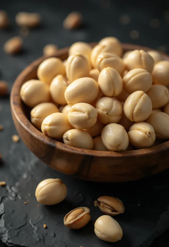 Nuci Macadamia decojite, rotunde și cremoase, grămadă