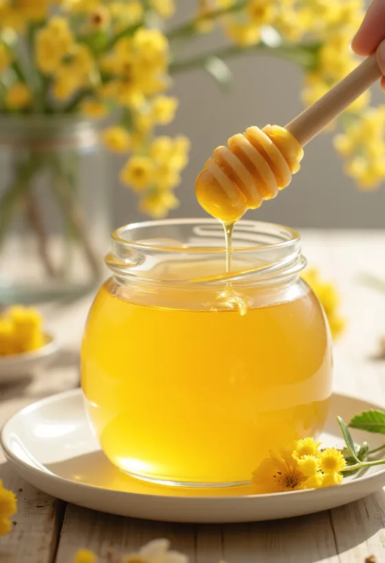 Miere de tei în borcan, cu lingură de miere și flori de tei