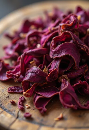 Petale uscate de hibiscus în bol, cu lingură de lemn, împrăștiate pe blat