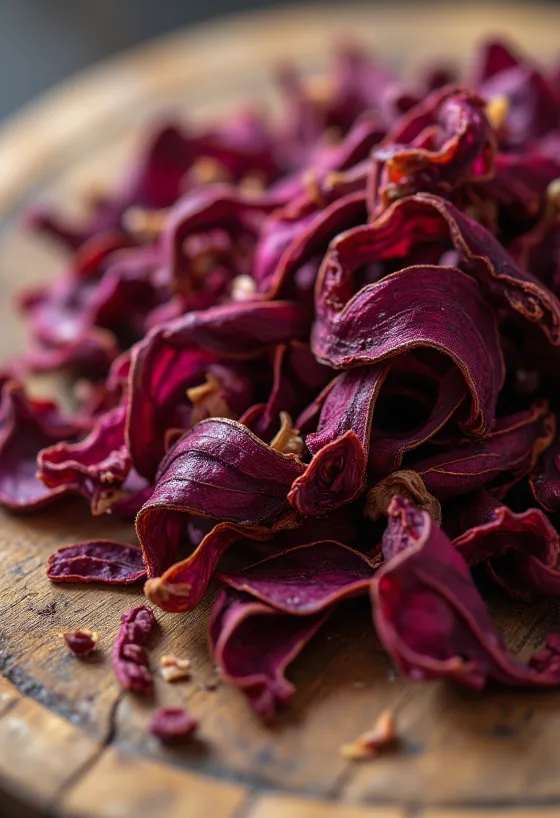 Petale uscate de hibiscus în bol, cu lingură de lemn, împrăștiate pe blat