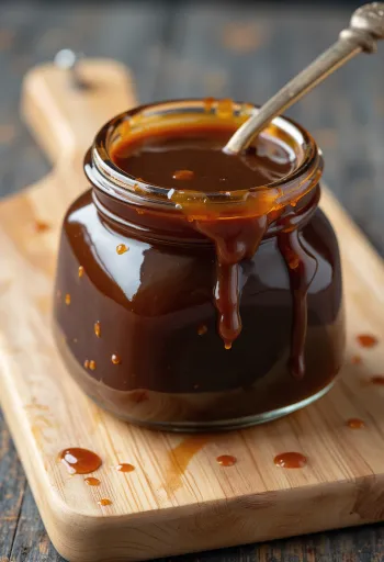 Sos Hoisin închis la culoare în bol, cu soia fermentată, condimente, usturoi și susan