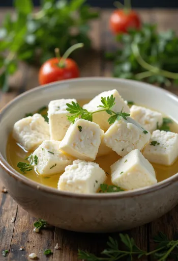 Brânză Feta de oaie cuburi în bol ceramic rustic