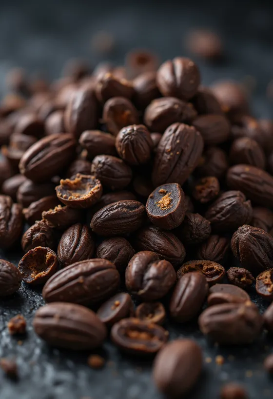 Miez de cacao (nibs) într-un bol mic, alături de bucăți de cacao pe un fundal de lemn