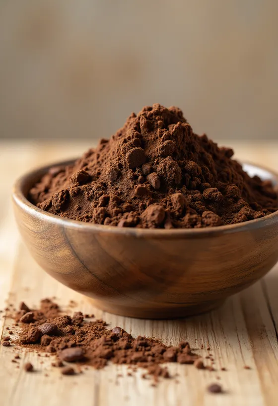 Pudră de cacao într-un bol mic și vărsată, cu o lingură de lemn, pe o suprafață deschisă