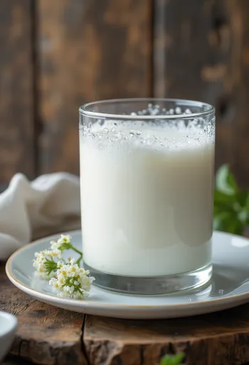 Kefir alb și cremos într-un bol, pe masă de lemn