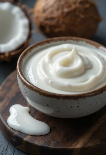 Cremă de cocos densă în bol de sticlă, alături de nucă de cocos tăiată și o lingură cu cremă