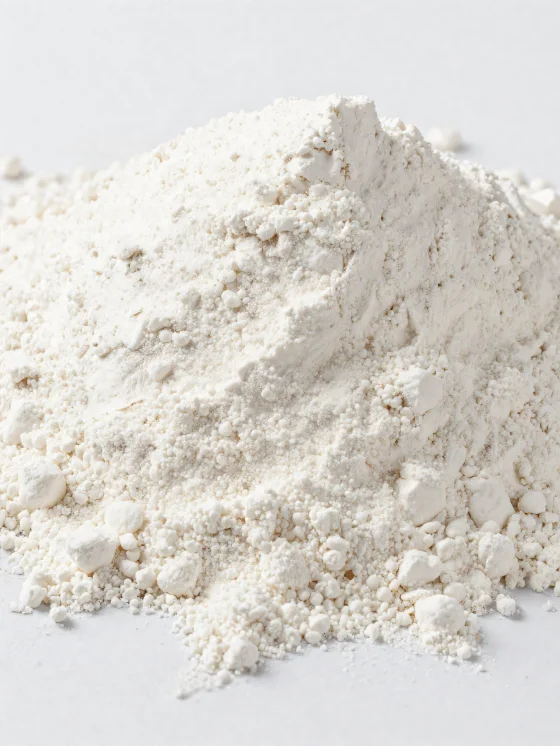 Făină de cocos într-un bol ceramic, pudră fină de culoare deschisă pe o suprafață de lemn