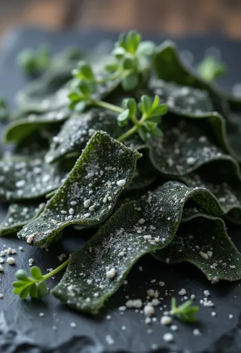 Foi de alge kombu uscate pe suprafață de lemn, cu kombu înmuiat într-un bol mic