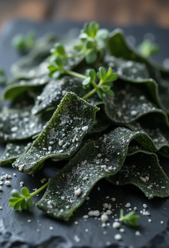 Foi de alge kombu uscate pe suprafață de lemn, cu kombu înmuiat într-un bol mic