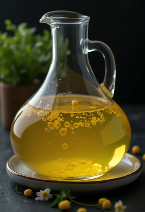 Ulei de porumb în bol de sticlă, cu boabe de porumb și germeni