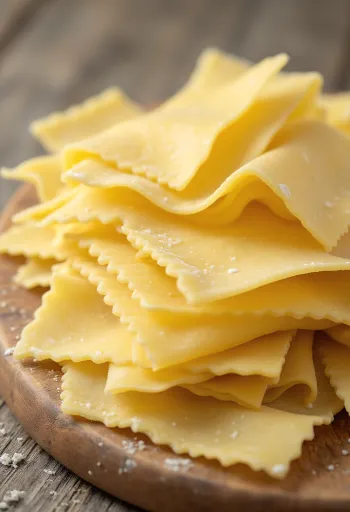 Foi de lasagne uscate împrăștiate pe o suprafață de lemn, pregătite pentru stratificare