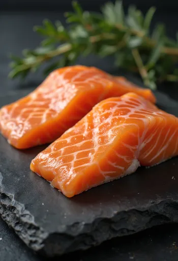 Felii proaspete de somon cu lămâie, mărar și piper pe tocător de lemn