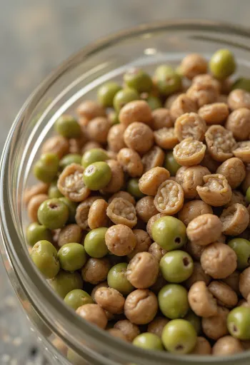 Diferite tipuri de linte în boluri ceramice pe o masă de lemn