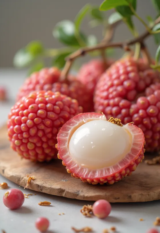 Lychee tăiat și întreg cu pulpă albă și sâmbure maro pe suprafață rustică de lemn