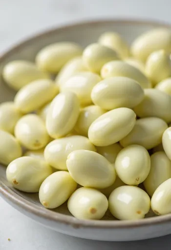 Fasole Lima cremoasă într-un bol ceramic și pe masă de lemn, lumină naturală