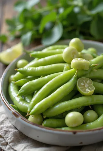 Păstăi proaspete de bob și boabe scoase pe suprafață rustică