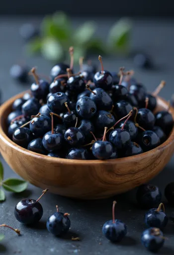 Boabe proaspete de maqui de culoare violet închis, o parte tăiate, crude