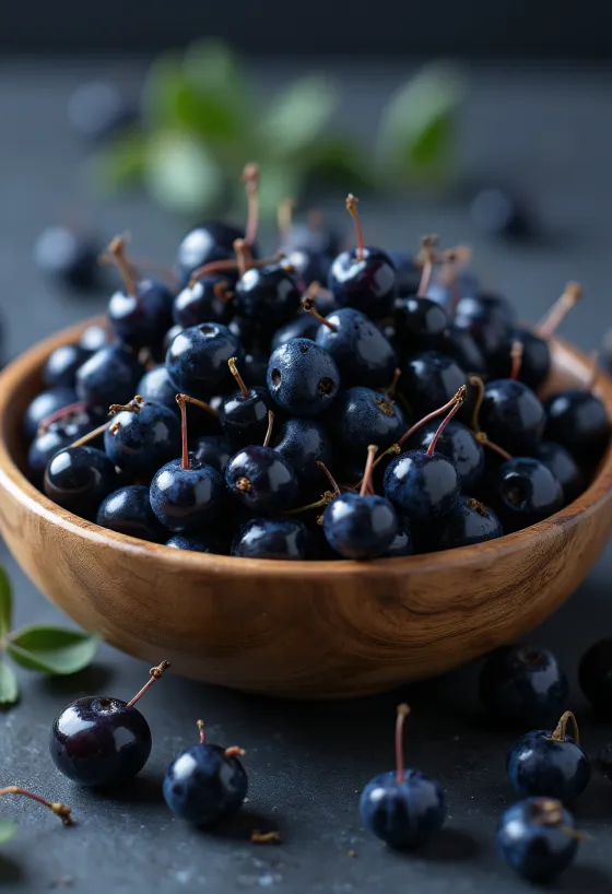 Boabe proaspete de maqui de culoare violet închis, o parte tăiate, crude