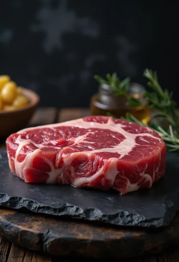 Bucăți de carne proaspătă de vită cu condimente pe un tocător de lemn