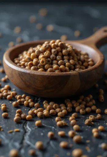 Semințe de muștar brun pe blat de lemn