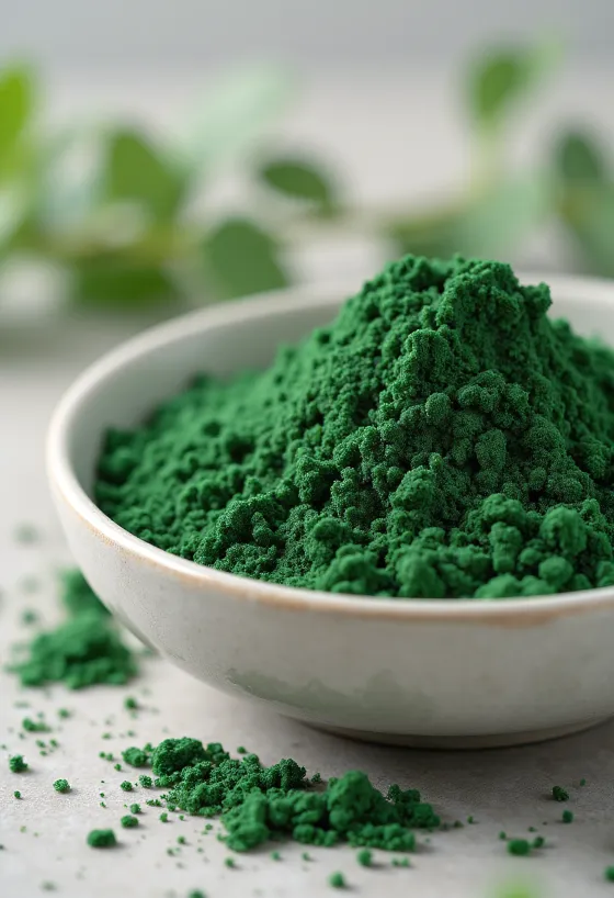 Pudră de chlorella verde închis în recipient și tablete