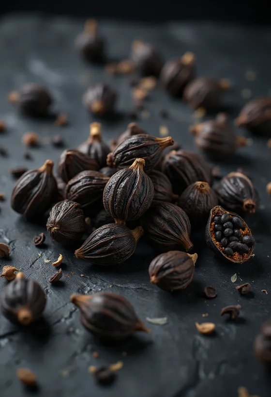 Semințe și păstăi de Cardamom Negru uscate pe lemn