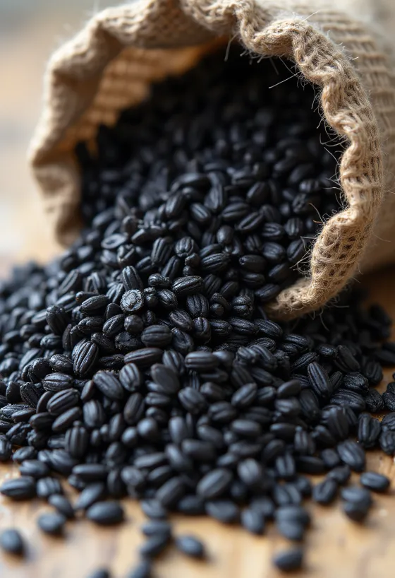 Orez negru în borcan mic, culoare închisă intensă, cu boabe crude în jur