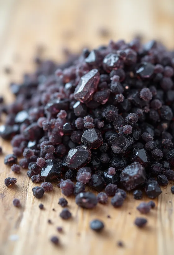 Sare neagră în borcan mic, culoare închisă, cu cristale de sare în jur