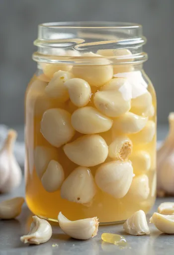 Usturoi fermentat auriu în bol mic, aspect apetisant
