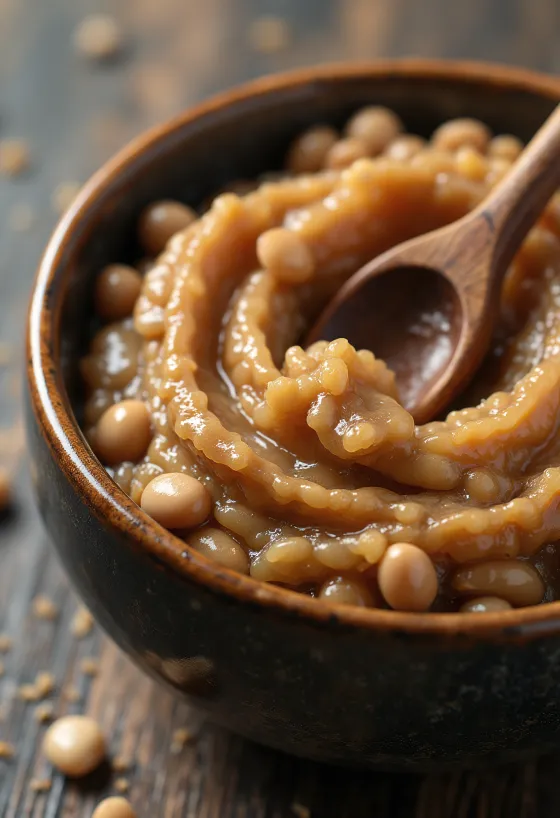 Soia fermentată (Natto sau Miso) în recipient, alături de boabe de soia