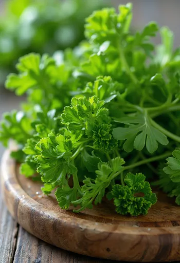 Pătrunjel creț proaspăt pe tocător, frunze verzi și dese