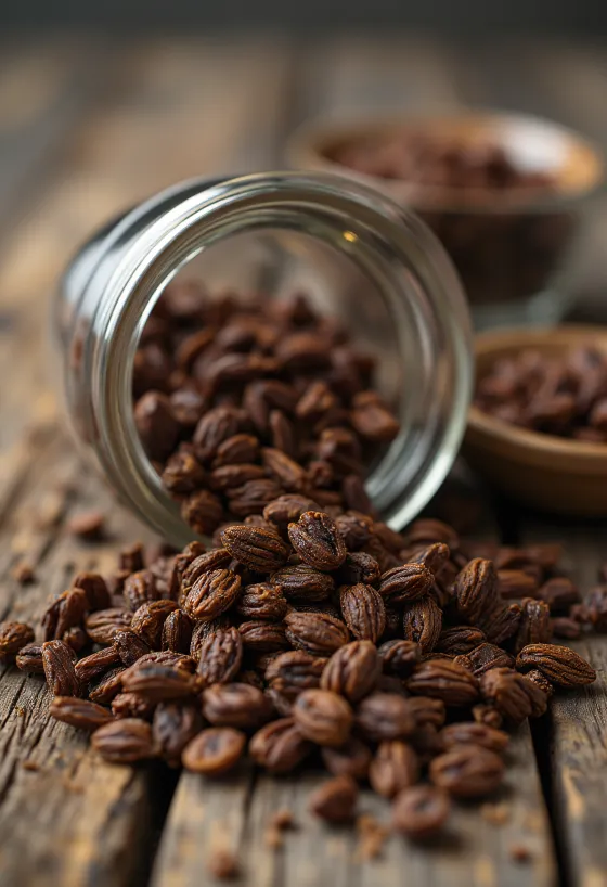 Boabe de secară prăjite pe tocător, culoare brună