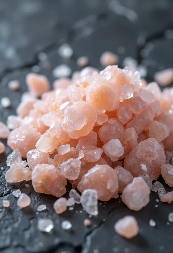 Sare de Himalaya cristale în borcan, înconjurată de cristale brute