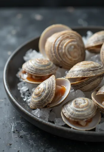 Carne de scoici Cherrystone proaspătă pe tocător