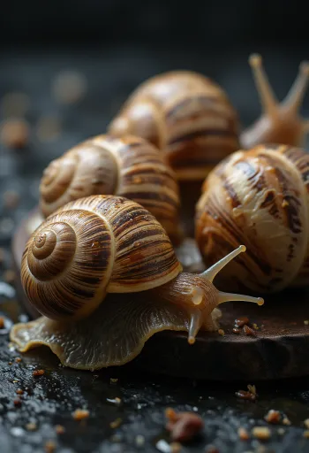 Carne proaspătă de melc de livadă pe farfurie, feliată fin și prezentată elegant