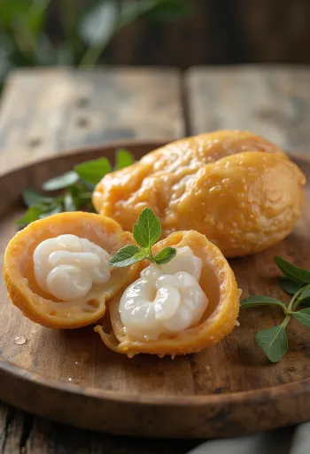 Felii de fruct Langsat pe un tocător, evidențiind pulpa albă