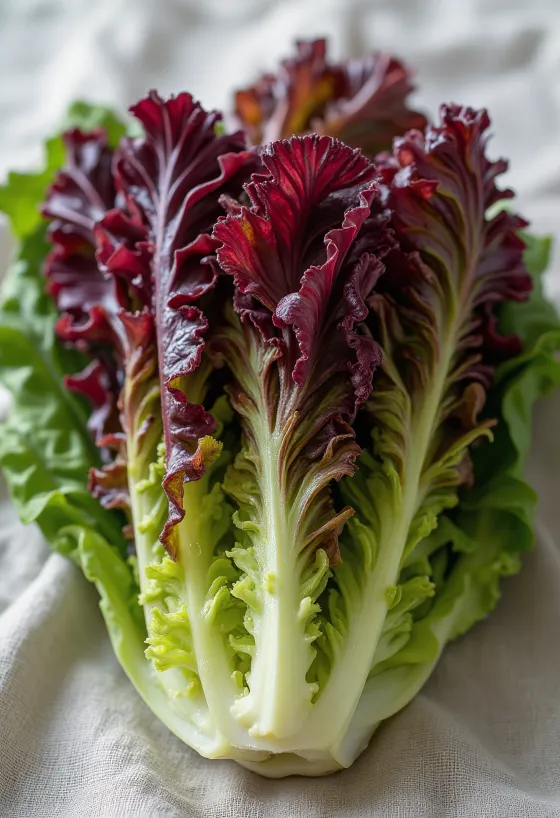 Salată Lollo Rosso proaspătă, cu frunzulițe roșii și verzi pe un tocător