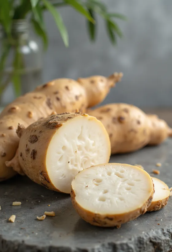 Rădăcini de manioc (cassava) feliate, pe tocător, înconjurate de legume proaspete