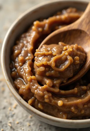 Pastă Miso într-un borcan mic, culoare maro bogată, înconjurată de boabe de soia, alge uscate și orez