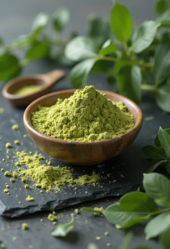 Pudră Moringa în borcan mic, culoare verde intens, înconjurată de frunze proaspete de Moringa