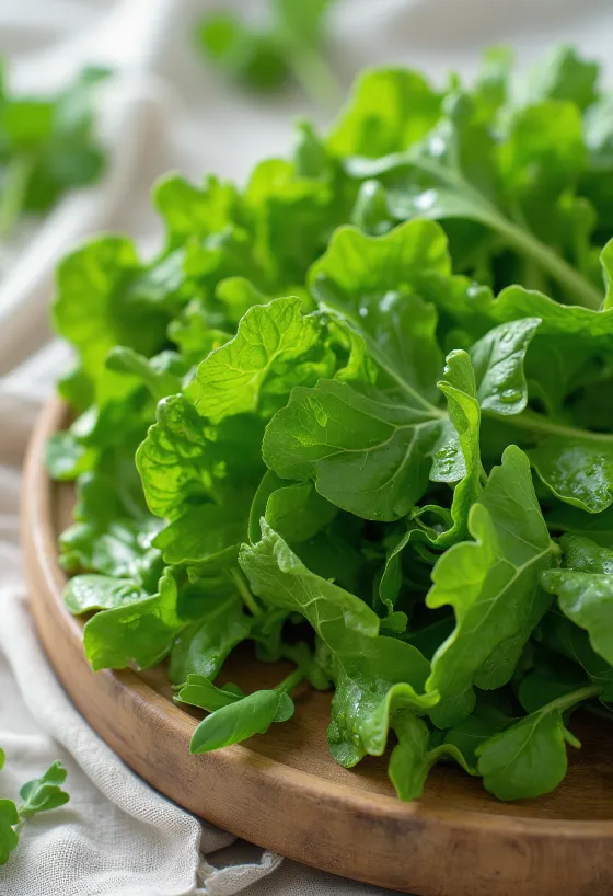 Frunze proaspete de muștar pe un blat de lemn, cu picături de apă