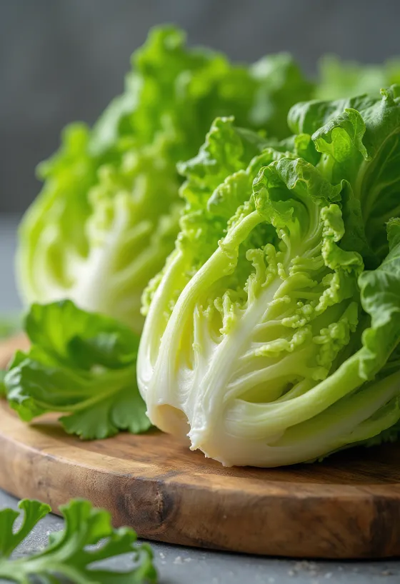 Salată Romaine proaspătă, frunze lungi și verzi pe tocător