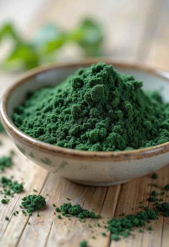Pudră de spirulină în borcănel, culoare verde intens, cu tablete de spirulină în jur