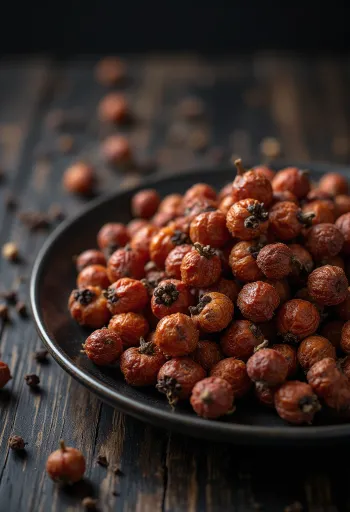 Boabe de piper Sichuan (Zanthoxylum) pe un blat de lemn