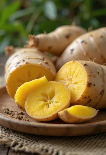 Imagine cu rădăcină de Arracacha feliată pe tocător