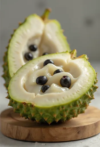 Fruct de cherimoya tăiat, arătând pulpa albă cremoasă