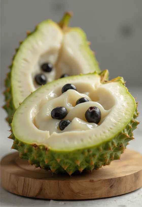 Fruct de cherimoya tăiat, arătând pulpa albă cremoasă